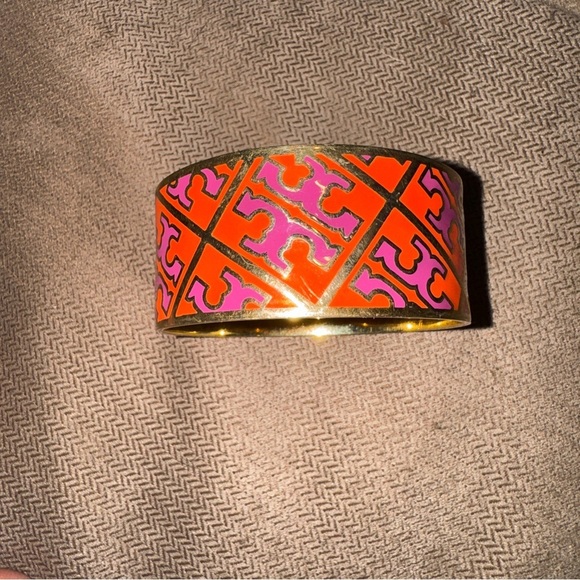 Tory Burch Jewelry - Tory Burch Gold-Tone Cuff Bracelet with Orange and Pink Enamel Pattern